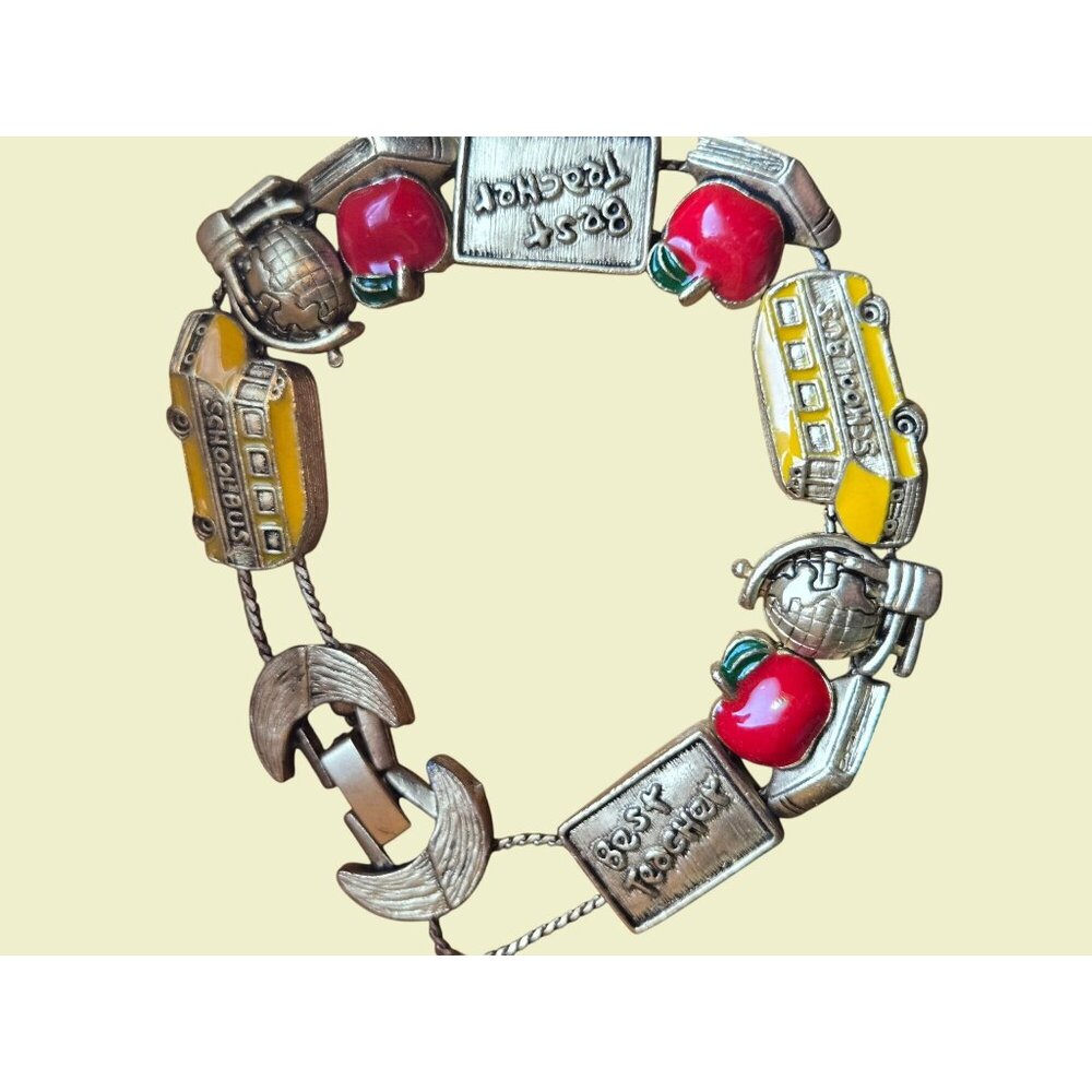 Vintage Best Teacher Charm Bracelet With Apples School Bus Teacher Gift daycare - Picture 6 of 10
